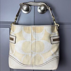 Vintage COACH Signature linen & leather hobo tote shoulder bag